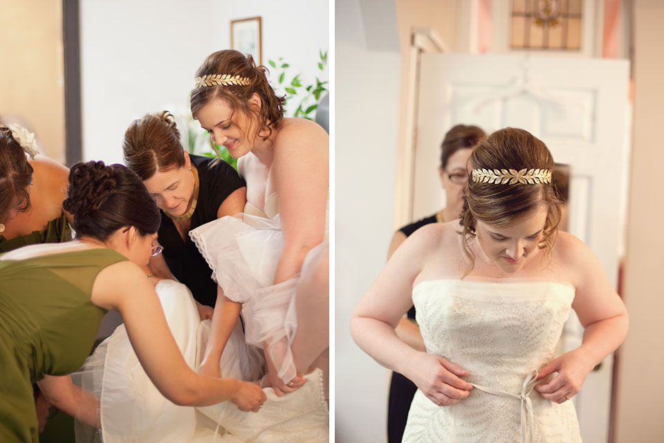 The Paper Elephant Bride Getting Dressed With Help From Bride Getting Dressed With Help From Bridesmaids And Wearing A Leaf Headband Paper Elephant